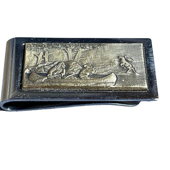 Vintage Money Clip. Hunting Scene Indian & Frontiersman. Two Tone Metal. Deer - Picture 1 of 5